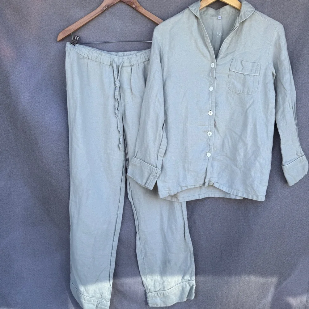Serena &Lily Pajama Set XS Green 100% European Linen Portugal Coastal Loungewear